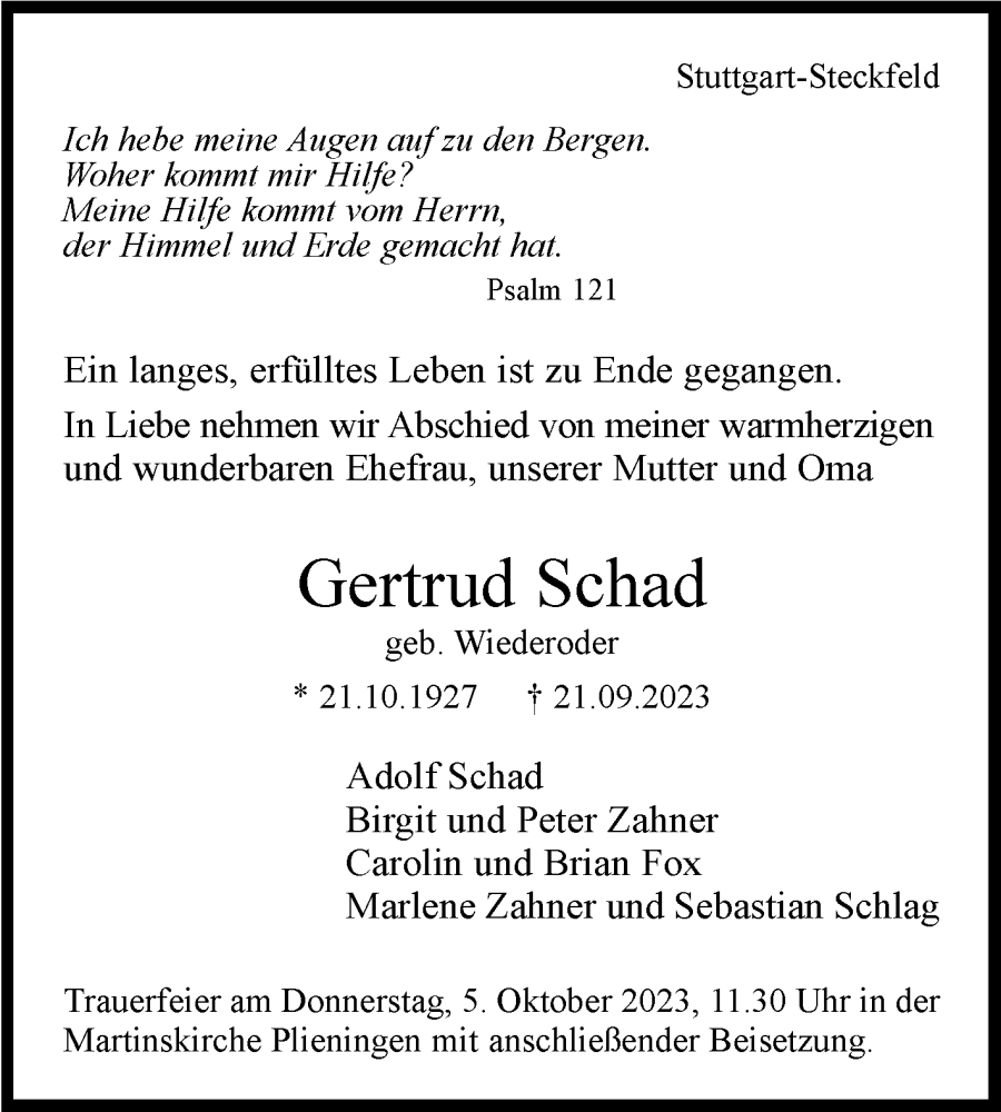  Traueranzeige für Gertrud Schad vom 29.09.2023 aus Stuttgarter Zeitung / Stuttgarter Nachrichten