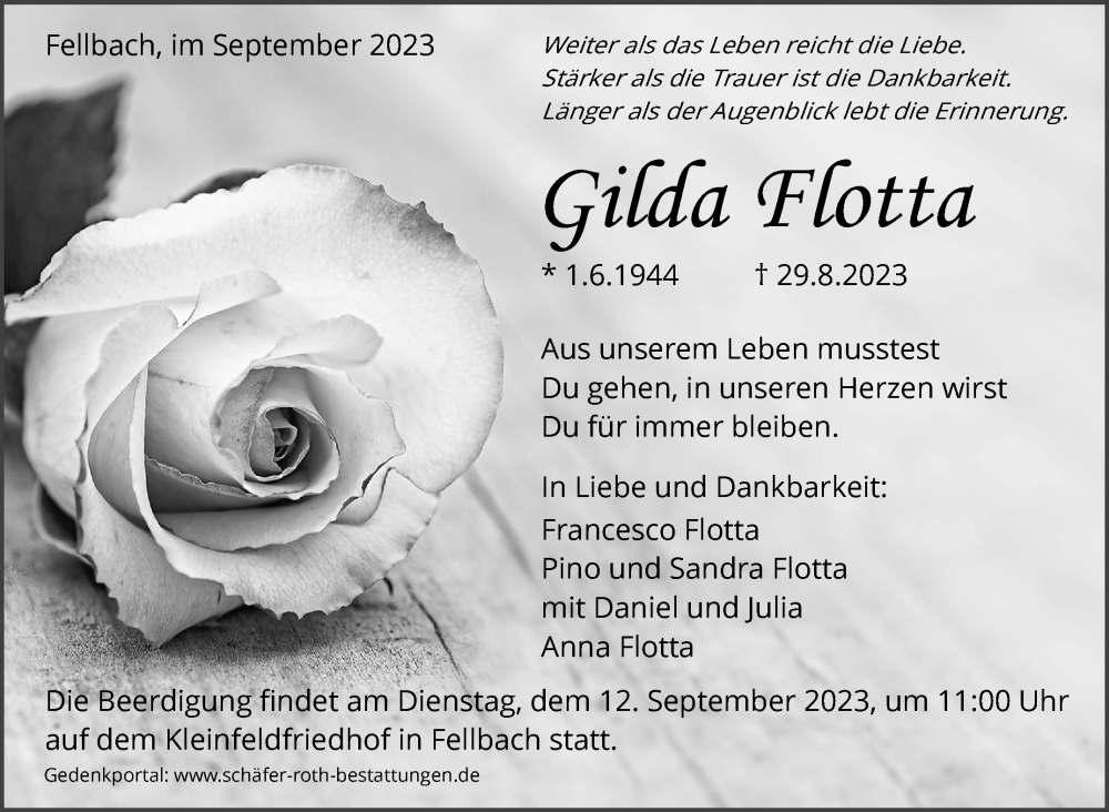  Traueranzeige für Gilda Flotta vom 04.09.2023 aus Stuttgarter Zeitung / Stuttgarter Nachrichten