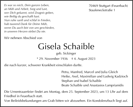 Traueranzeige von Gisela Schaible von Stuttgarter Zeitung / Stuttgarter Nachrichten