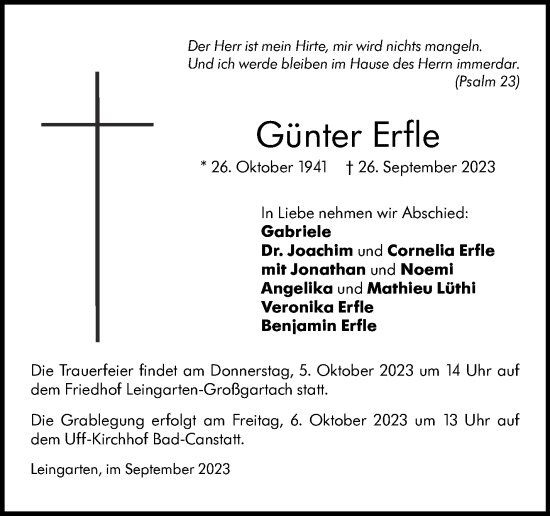 Traueranzeige von Günter Erfle von Stuttgarter Zeitung / Stuttgarter Nachrichten