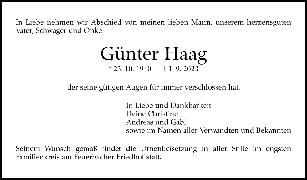  Traueranzeige für Günter Haag vom 16.09.2023 aus Stuttgarter Zeitung / Stuttgarter Nachrichten
