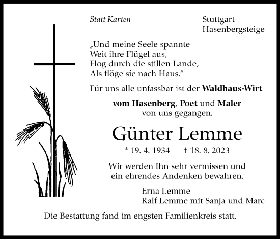 Traueranzeige von Günter Lemme von Stuttgarter Zeitung / Stuttgarter Nachrichten