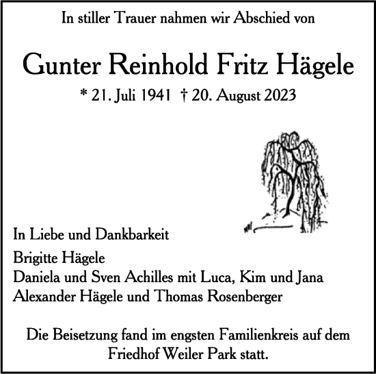 Traueranzeige von Gunter Reinhold Fritz Hägele von Stuttgarter Zeitung / Stuttgarter Nachrichten