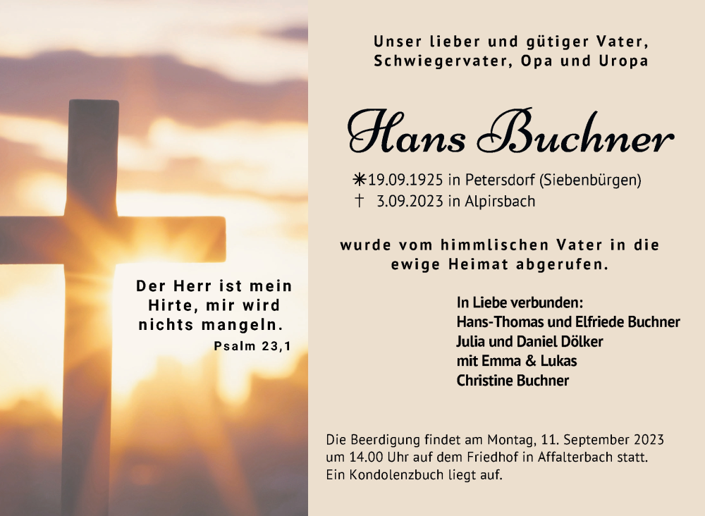  Traueranzeige für Hans Buchner vom 09.09.2023 aus Stuttgarter Zeitung / Stuttgarter Nachrichten