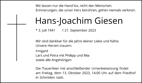 Traueranzeige von Hans-Joachim Giesen von Stuttgarter Zeitung / Stuttgarter Nachrichten