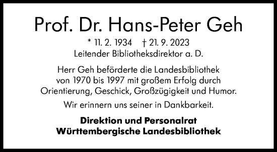 Traueranzeige von Hans-Peter Geh von Stuttgarter Zeitung / Stuttgarter Nachrichten