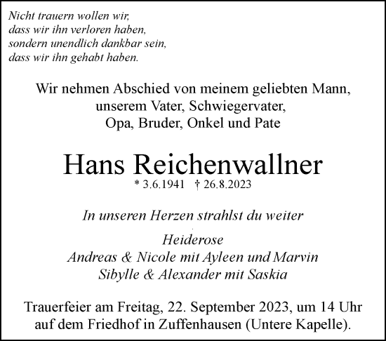 Traueranzeige von Hans Reichenwallner von Stuttgarter Zeitung / Stuttgarter Nachrichten