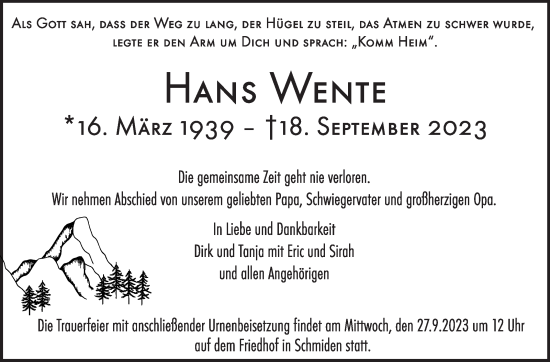 Traueranzeige von Hans Wente von Stuttgarter Zeitung / Stuttgarter Nachrichten