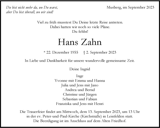 Traueranzeige von Hans Zahn von Stuttgarter Zeitung / Stuttgarter Nachrichten