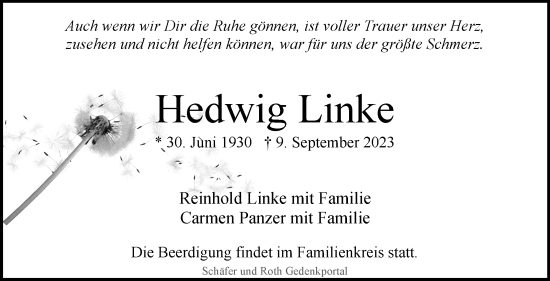 Traueranzeige von Hedwig Linke von Stuttgarter Zeitung / Stuttgarter Nachrichten