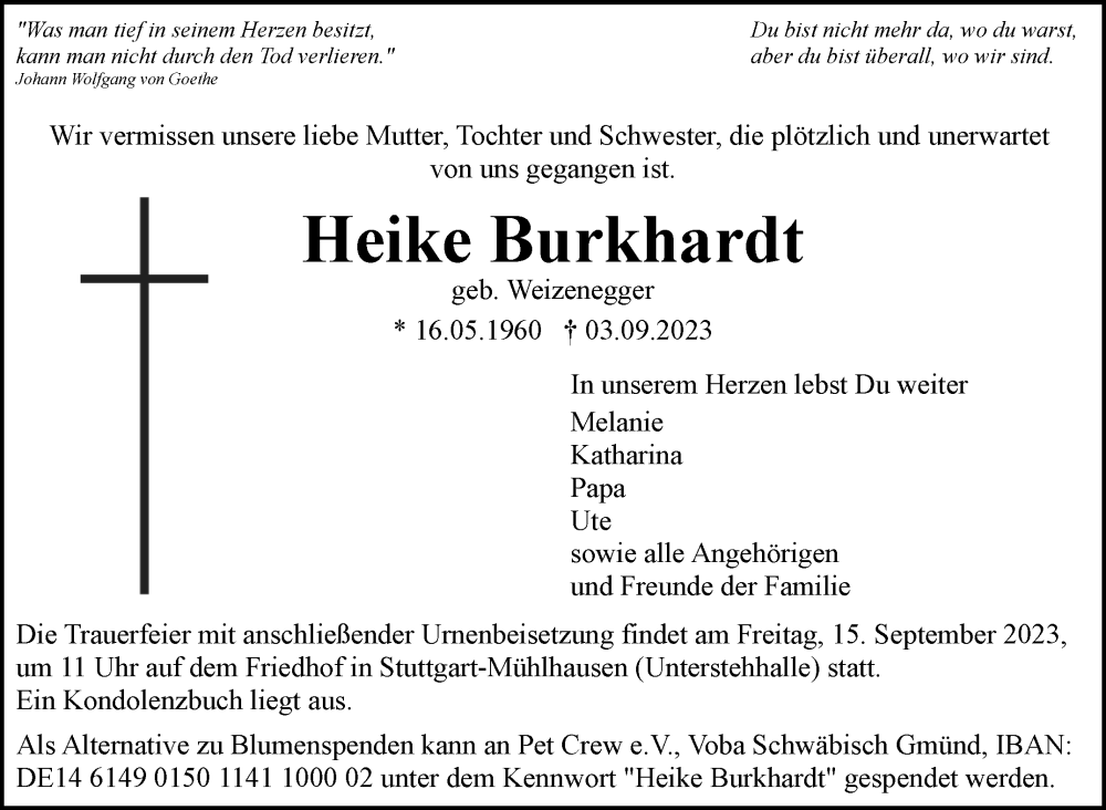  Traueranzeige für Heike Burkhardt vom 09.09.2023 aus Stuttgarter Zeitung / Stuttgarter Nachrichten