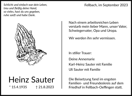 Traueranzeige von Heinz Sauter von Stuttgarter Zeitung / Stuttgarter Nachrichten