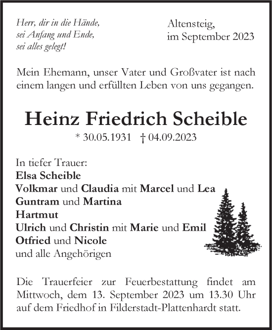 Traueranzeige von Heinz Friedrich Scheible von Stuttgarter Zeitung / Stuttgarter Nachrichten