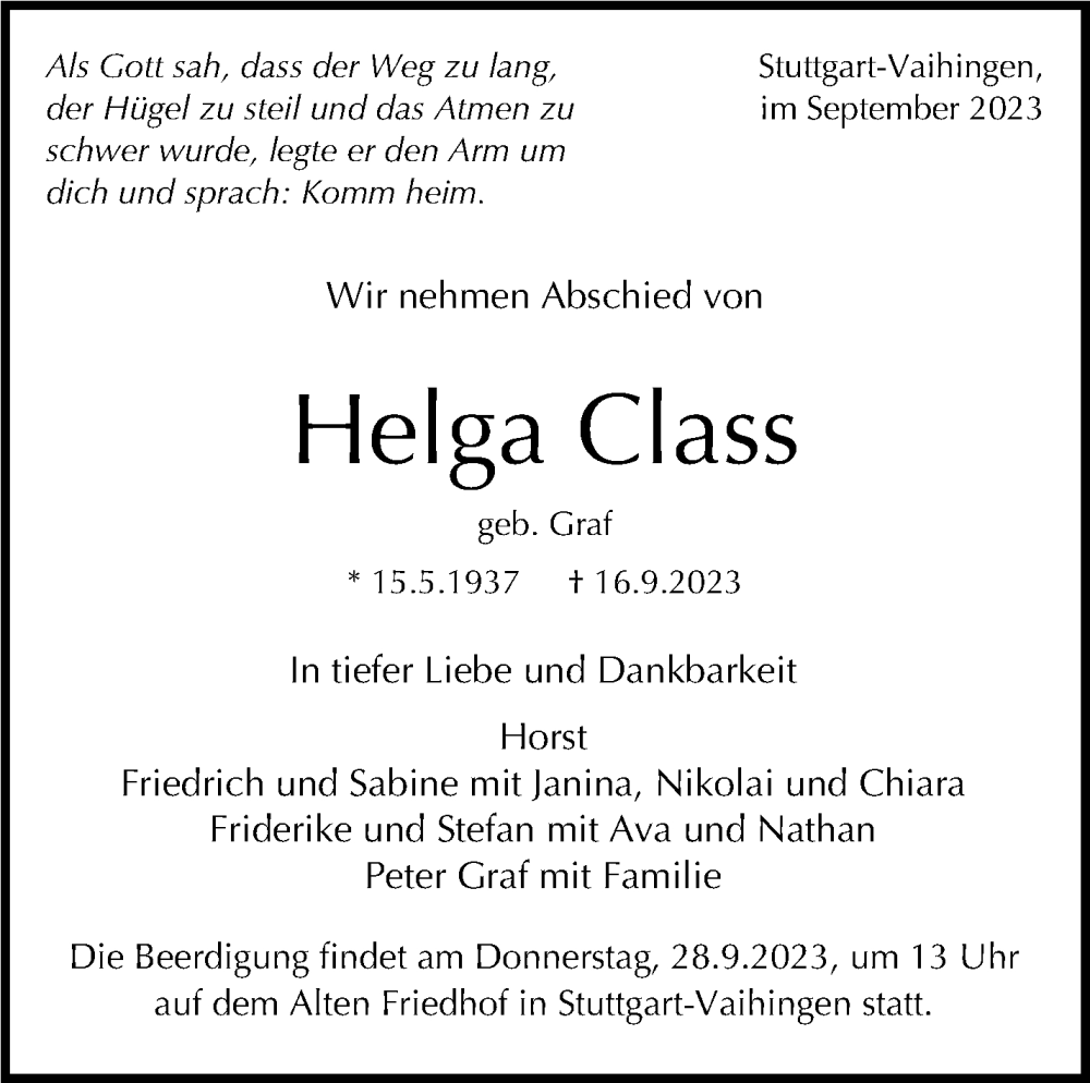  Traueranzeige für Helga Class vom 23.09.2023 aus Stuttgarter Zeitung / Stuttgarter Nachrichten
