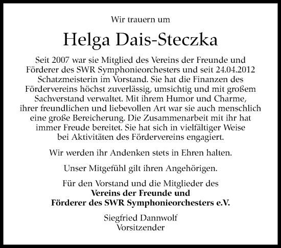 Traueranzeige von Helga Dais-Steczka von Stuttgarter Zeitung / Stuttgarter Nachrichten