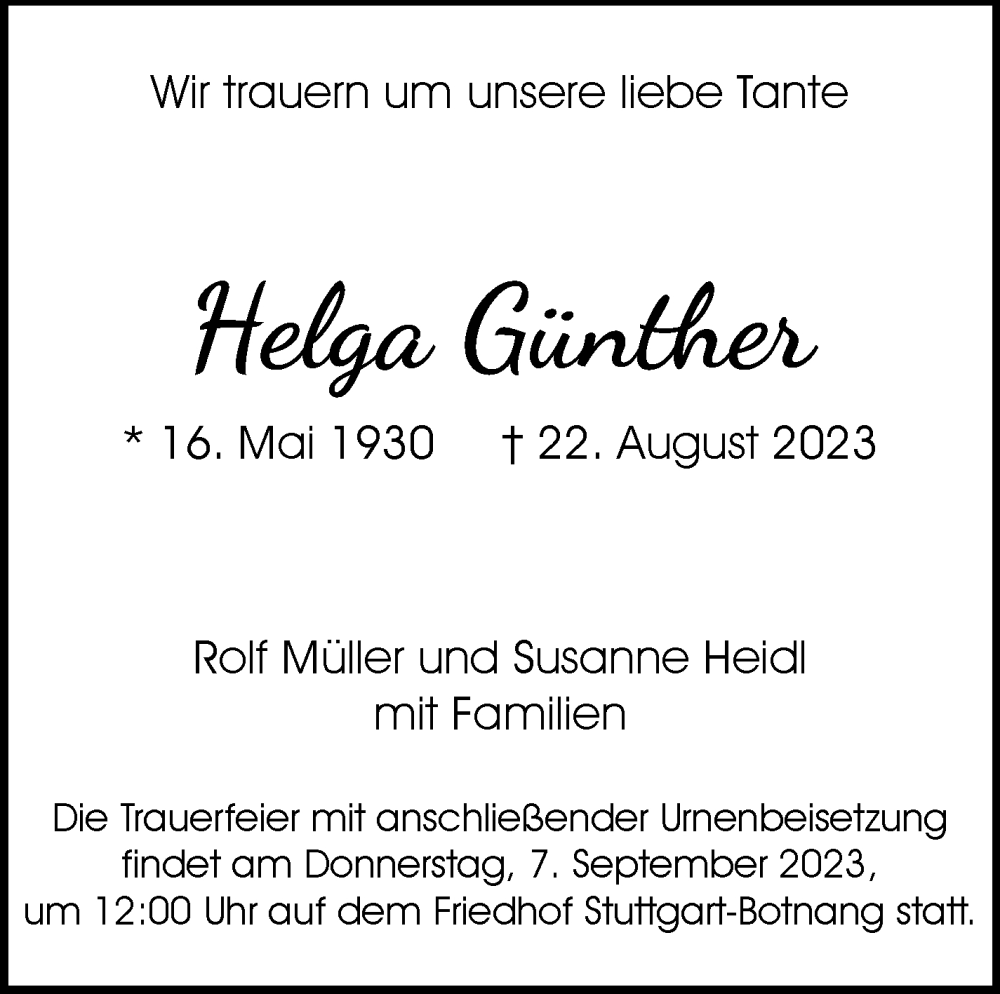  Traueranzeige für Helga Günther vom 02.09.2023 aus Stuttgarter Zeitung / Stuttgarter Nachrichten