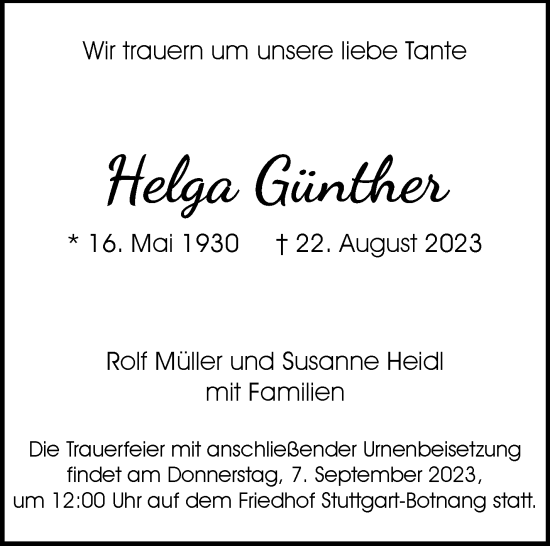 Traueranzeige von Helga Günther von Stuttgarter Zeitung / Stuttgarter Nachrichten