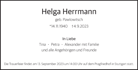 Traueranzeige von Helga Herrmann von Stuttgarter Zeitung / Stuttgarter Nachrichten