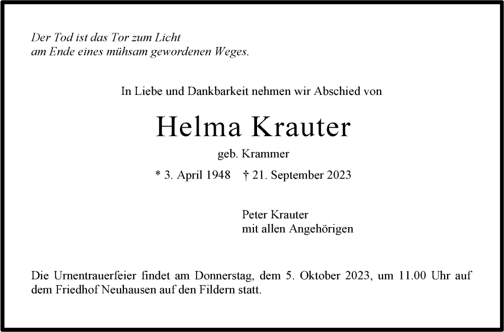  Traueranzeige für Helma Krauter vom 30.09.2023 aus Stuttgarter Zeitung / Stuttgarter Nachrichten