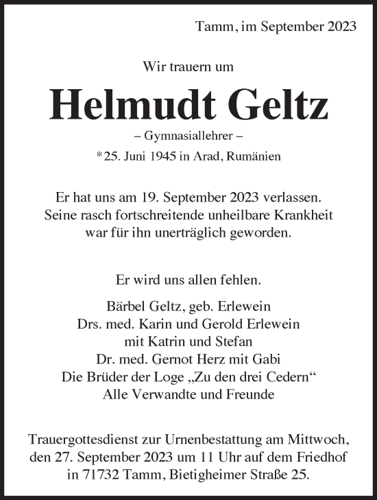 Traueranzeige von Helmudt Geltz von Stuttgarter Zeitung / Stuttgarter Nachrichten