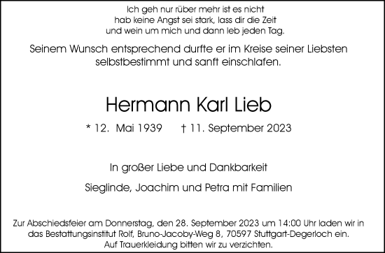 Traueranzeige von Hermann Karl Lieb von Stuttgarter Zeitung / Stuttgarter Nachrichten