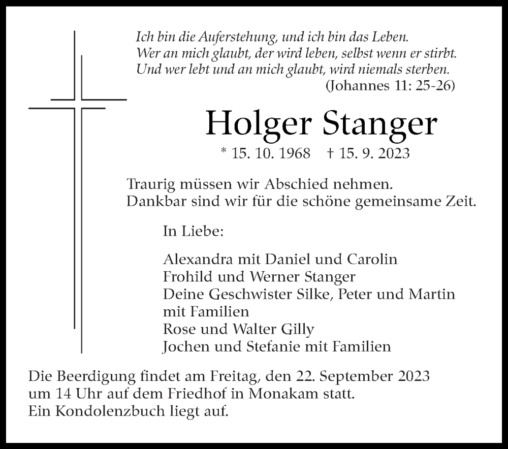  Traueranzeige für Holger Stanger vom 20.09.2023 aus Stuttgarter Zeitung / Stuttgarter Nachrichten