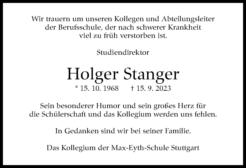  Traueranzeige für Holger Stanger vom 21.09.2023 aus Stuttgarter Zeitung / Stuttgarter Nachrichten