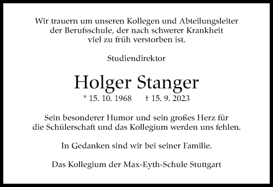 Traueranzeige von Holger Stanger von Stuttgarter Zeitung / Stuttgarter Nachrichten