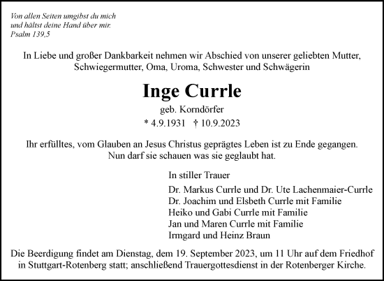 Traueranzeige von Inge Currle von Stuttgarter Zeitung / Stuttgarter Nachrichten