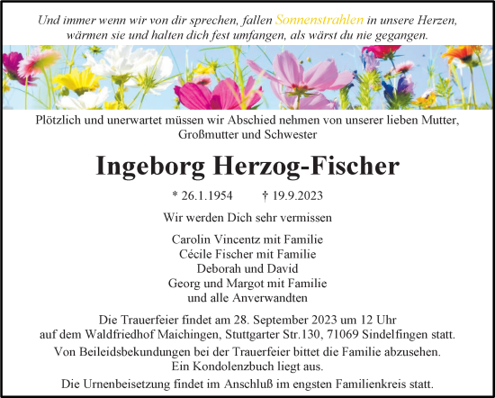 Traueranzeige von Ingeborg Herzog-Fischer von Stuttgarter Zeitung / Stuttgarter Nachrichten
