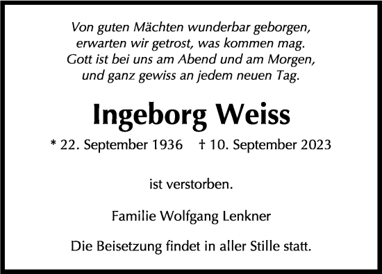 Traueranzeige von Ingeborg Weiss von Stuttgarter Zeitung / Stuttgarter Nachrichten