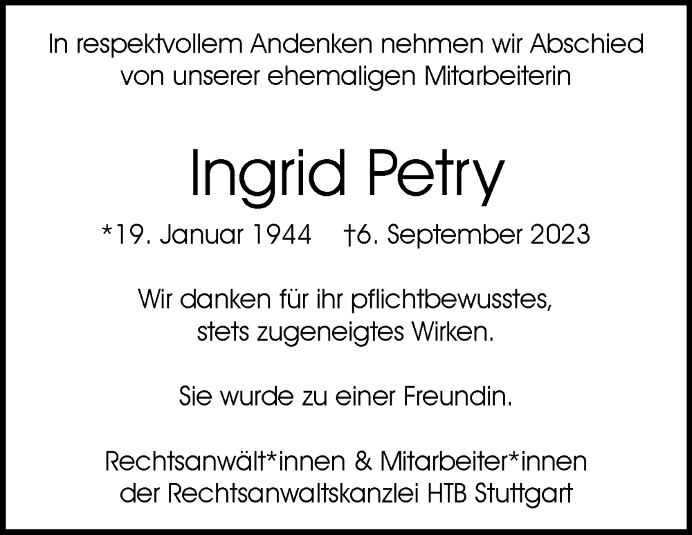  Traueranzeige für Ingrid Petry vom 12.09.2023 aus Stuttgarter Zeitung / Stuttgarter Nachrichten