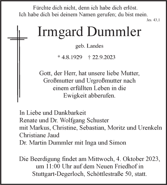 Traueranzeige von Irmgard Dummler von Stuttgarter Zeitung / Stuttgarter Nachrichten