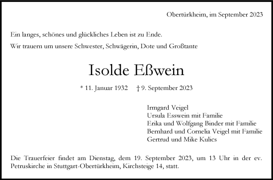 Traueranzeige von Isolde Eßwein von Stuttgarter Zeitung / Stuttgarter Nachrichten