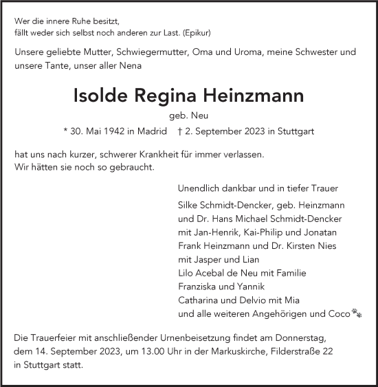 Traueranzeige von Isolde Regina Heinzmann von Stuttgarter Zeitung / Stuttgarter Nachrichten