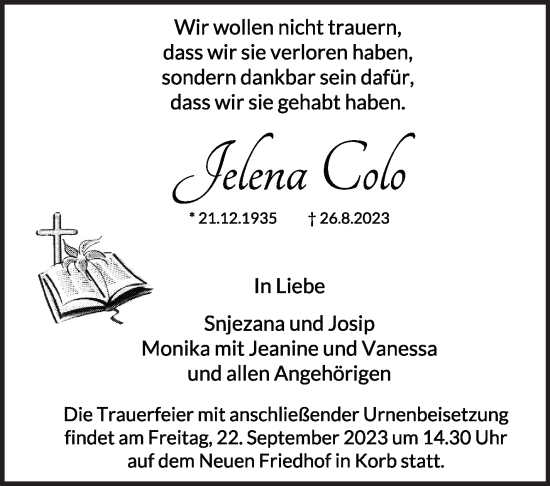 Traueranzeige von Jelena Colo von Stuttgarter Zeitung / Stuttgarter Nachrichten