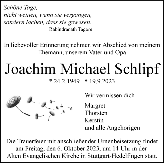 Traueranzeige von Joachim Michael Schlipf von Stuttgarter Zeitung / Stuttgarter Nachrichten