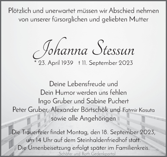 Traueranzeige von Johanna Stessun von Stuttgarter Zeitung / Stuttgarter Nachrichten