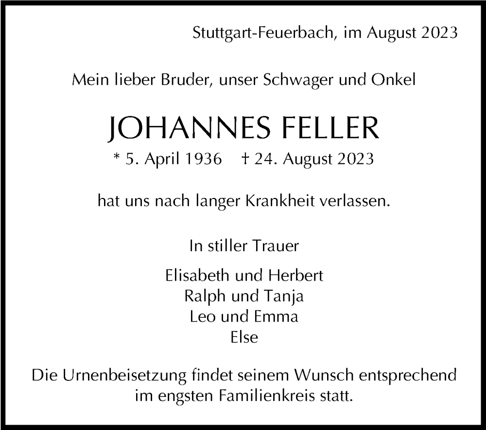  Traueranzeige für Johannes Feller vom 02.09.2023 aus Stuttgarter Zeitung / Stuttgarter Nachrichten