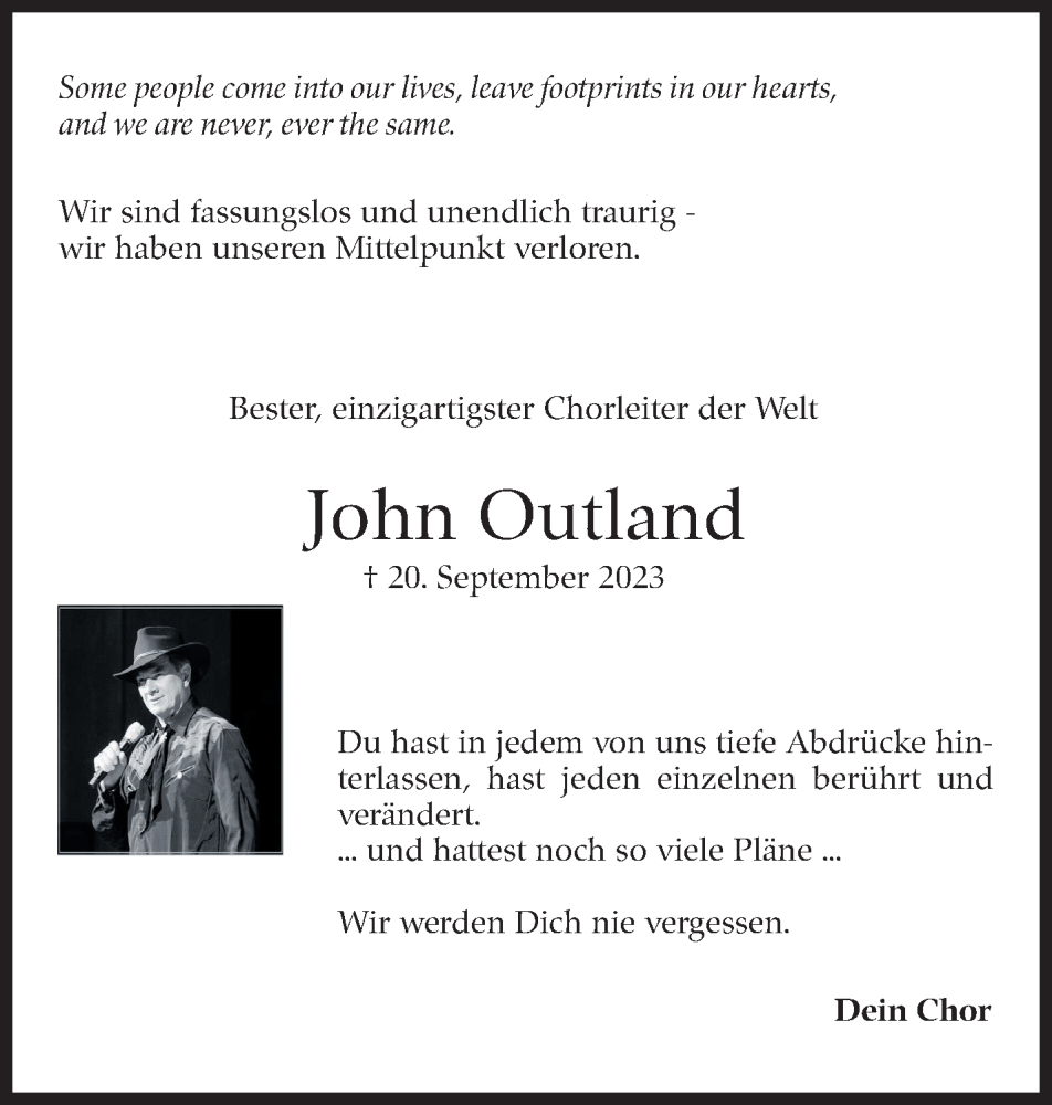  Traueranzeige für John Outland vom 27.09.2023 aus Stuttgarter Zeitung / Stuttgarter Nachrichten