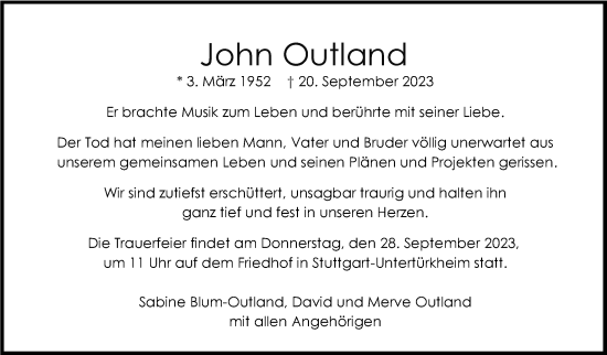 Traueranzeige von John Outland von Stuttgarter Zeitung / Stuttgarter Nachrichten
