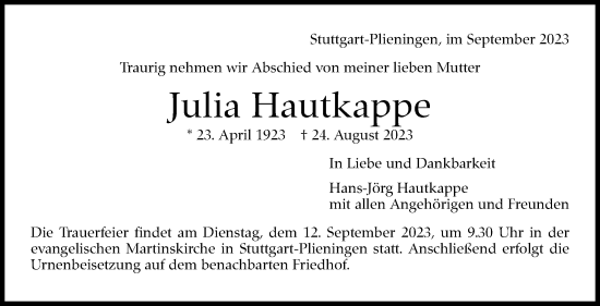 Traueranzeige von Julia Hautkappe von Stuttgarter Zeitung / Stuttgarter Nachrichten