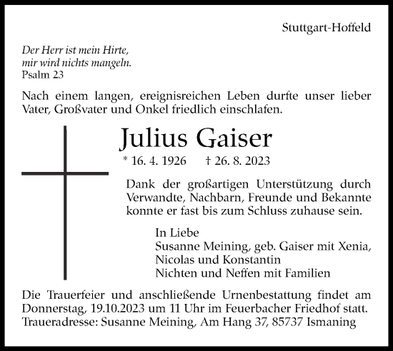 Traueranzeige von Julius Gaiser von Stuttgarter Zeitung / Stuttgarter Nachrichten