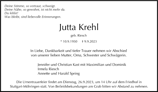 Traueranzeige von Jutta Krehl von Stuttgarter Zeitung / Stuttgarter Nachrichten