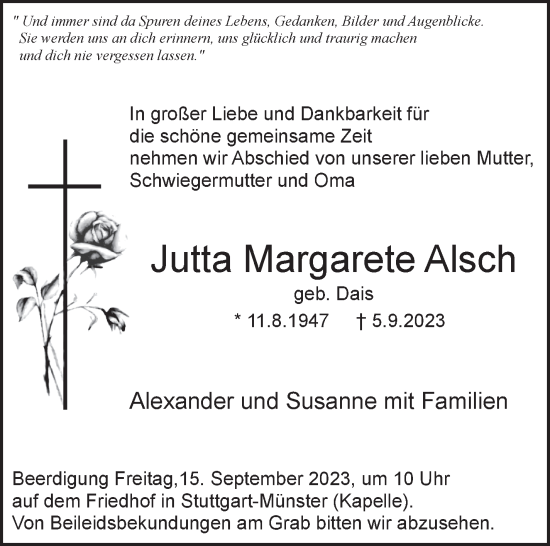 Traueranzeige von Jutta Margarete Alsch von Stuttgarter Zeitung / Stuttgarter Nachrichten