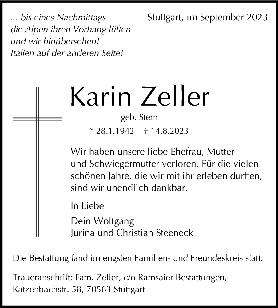  Traueranzeige für Karin Zeller vom 02.09.2023 aus Stuttgarter Zeitung / Stuttgarter Nachrichten