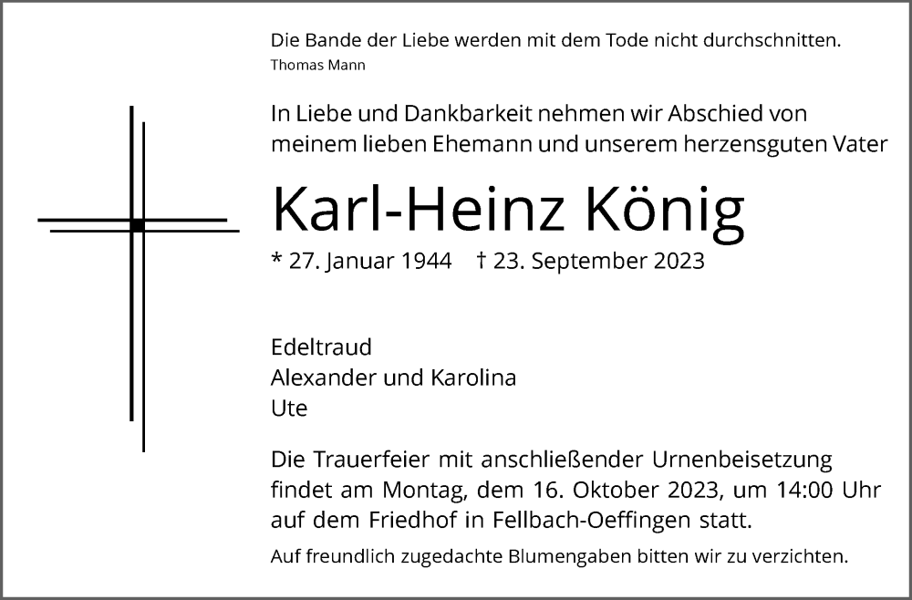  Traueranzeige für Karl-Heinz König vom 29.09.2023 aus Stuttgarter Zeitung / Stuttgarter Nachrichten
