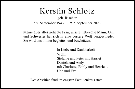 Traueranzeige von Kerstin Schlotz von Stuttgarter Zeitung / Stuttgarter Nachrichten