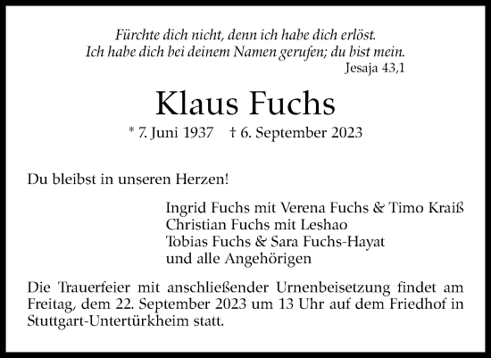 Traueranzeige von Klaus Fuchs von Stuttgarter Zeitung / Stuttgarter Nachrichten