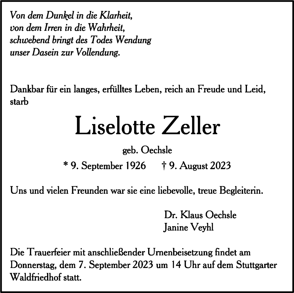  Traueranzeige für Liselotte Zeller vom 02.09.2023 aus Stuttgarter Zeitung / Stuttgarter Nachrichten